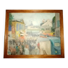 Impressionist painting oil on cardboard sign stone villain walking scene