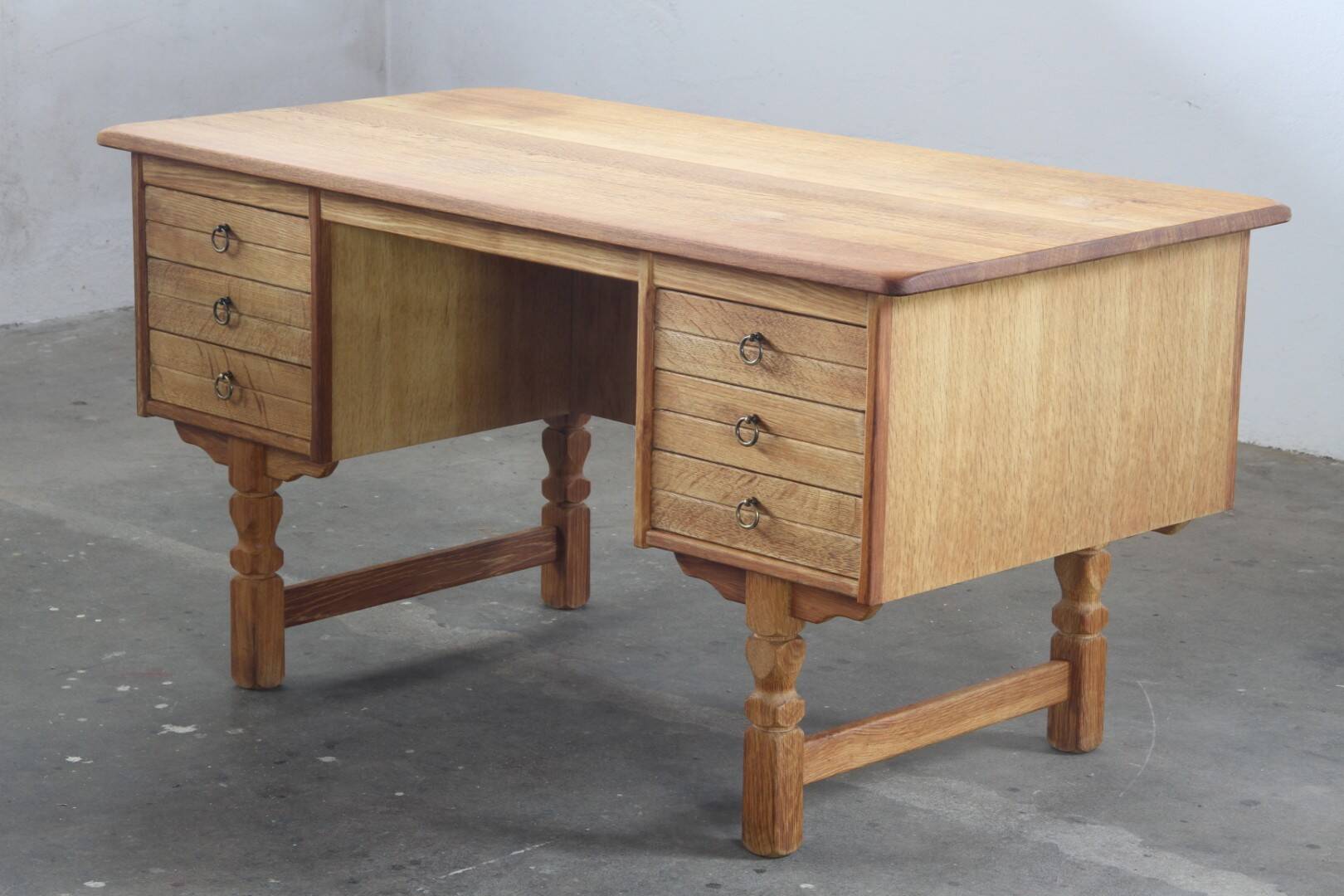 Vintage Mid-Century Oak Desk with 6 Drawers, Open Back, Kjærnulf Style