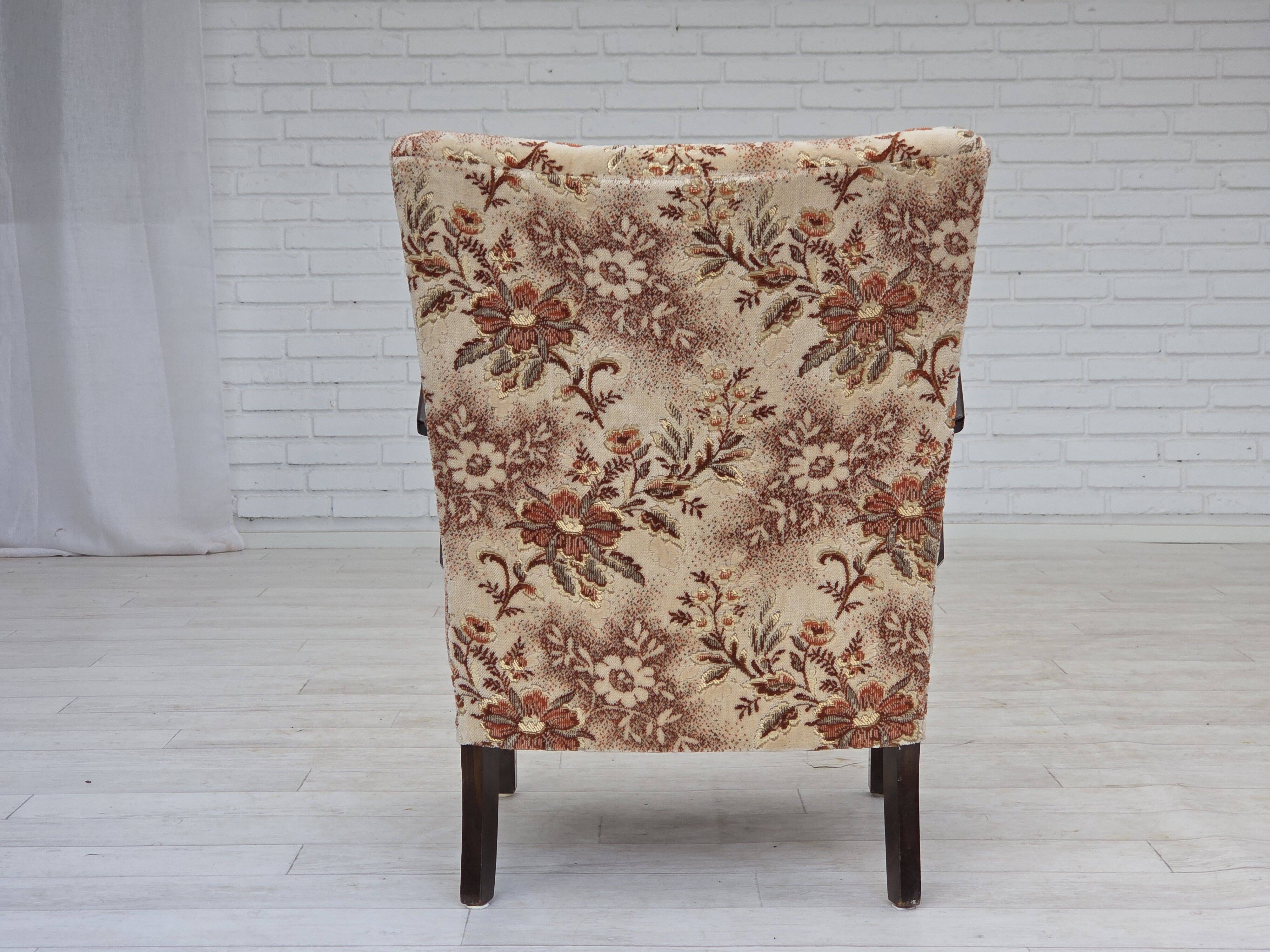 1950s, Danish artdeco armchair, furniture velour, beech wood, reupholstered