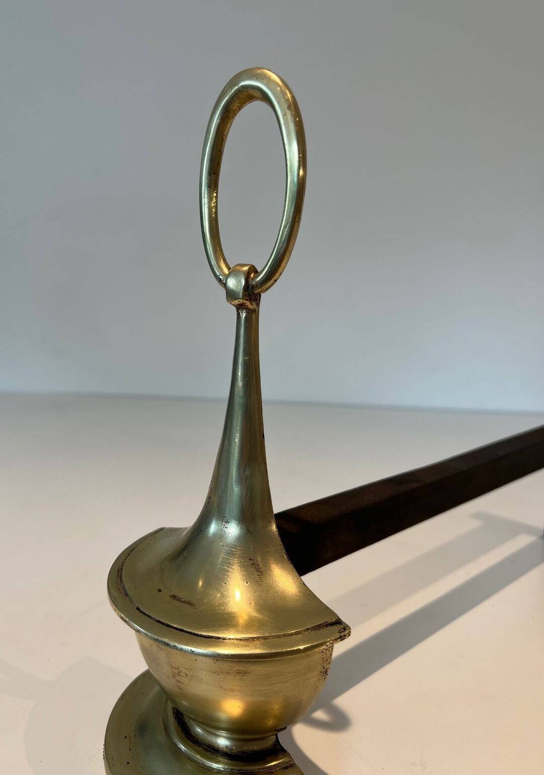Pair of Bronze Chenets in Neoclassical Style in the Form of an Oil Lamp