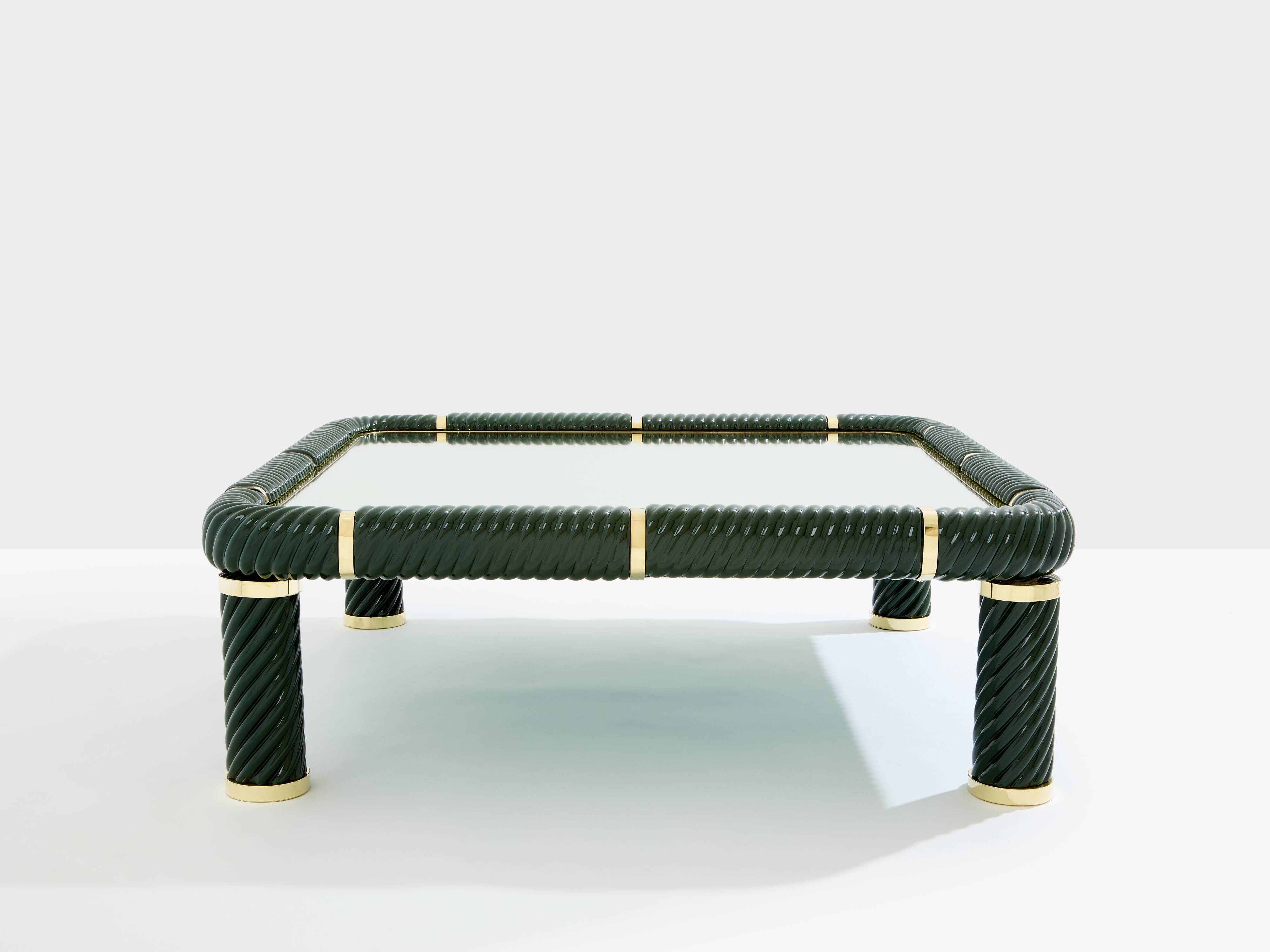 Olive green ceramic and brass coffee table by Tommaso Barbi 1970