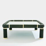 Olive green ceramic and brass coffee table by Tommaso Barbi 1970