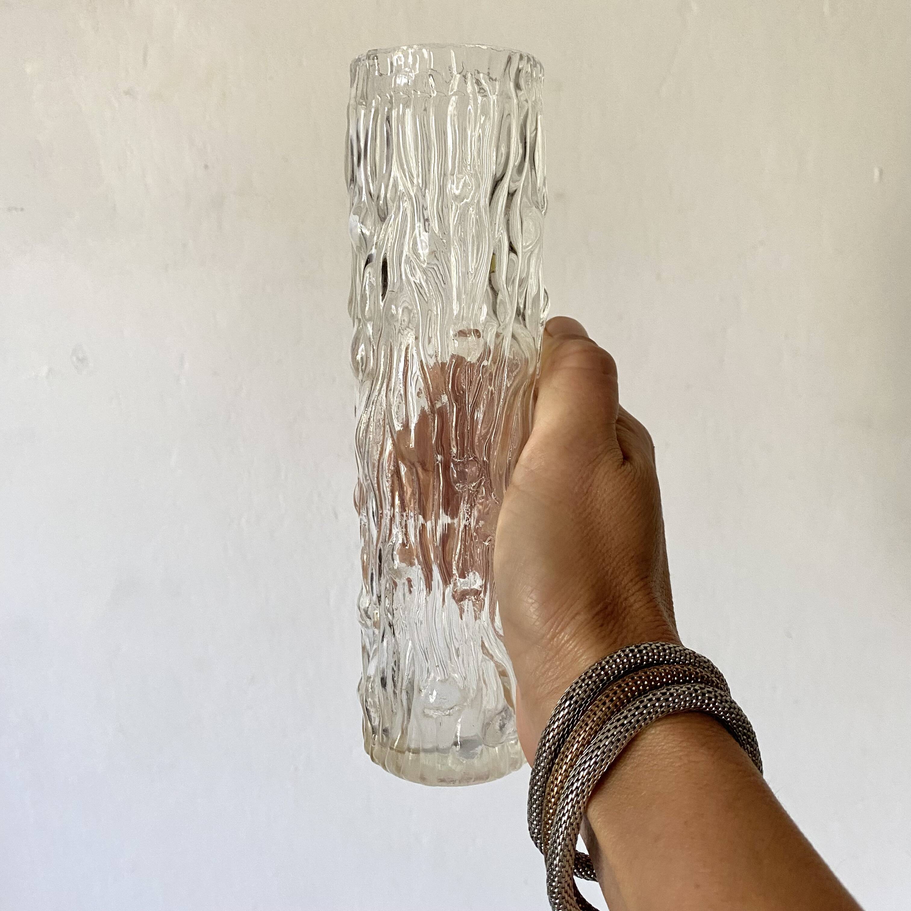 Transparent molded glass tube vase, wood look
