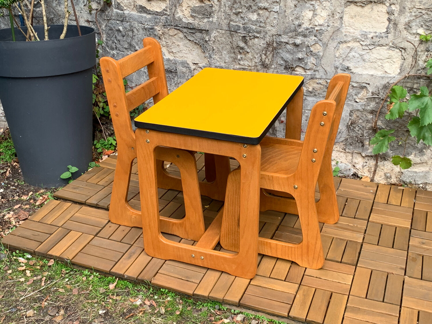 Children's wooden and formica desk and sled chairs 1970