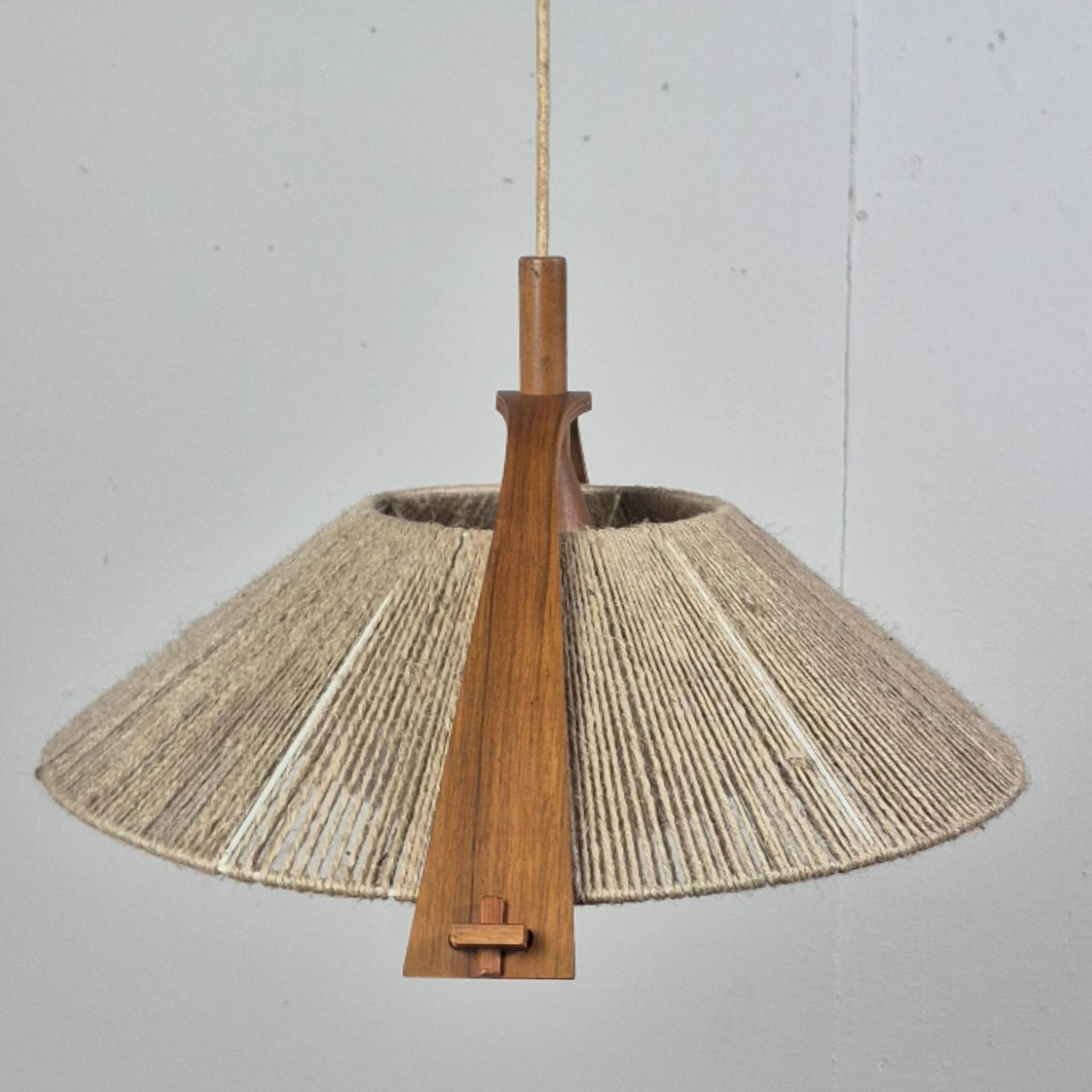 Wabi sabi sisal and plywood pendant lamp by Temde, Switzerland 1960s