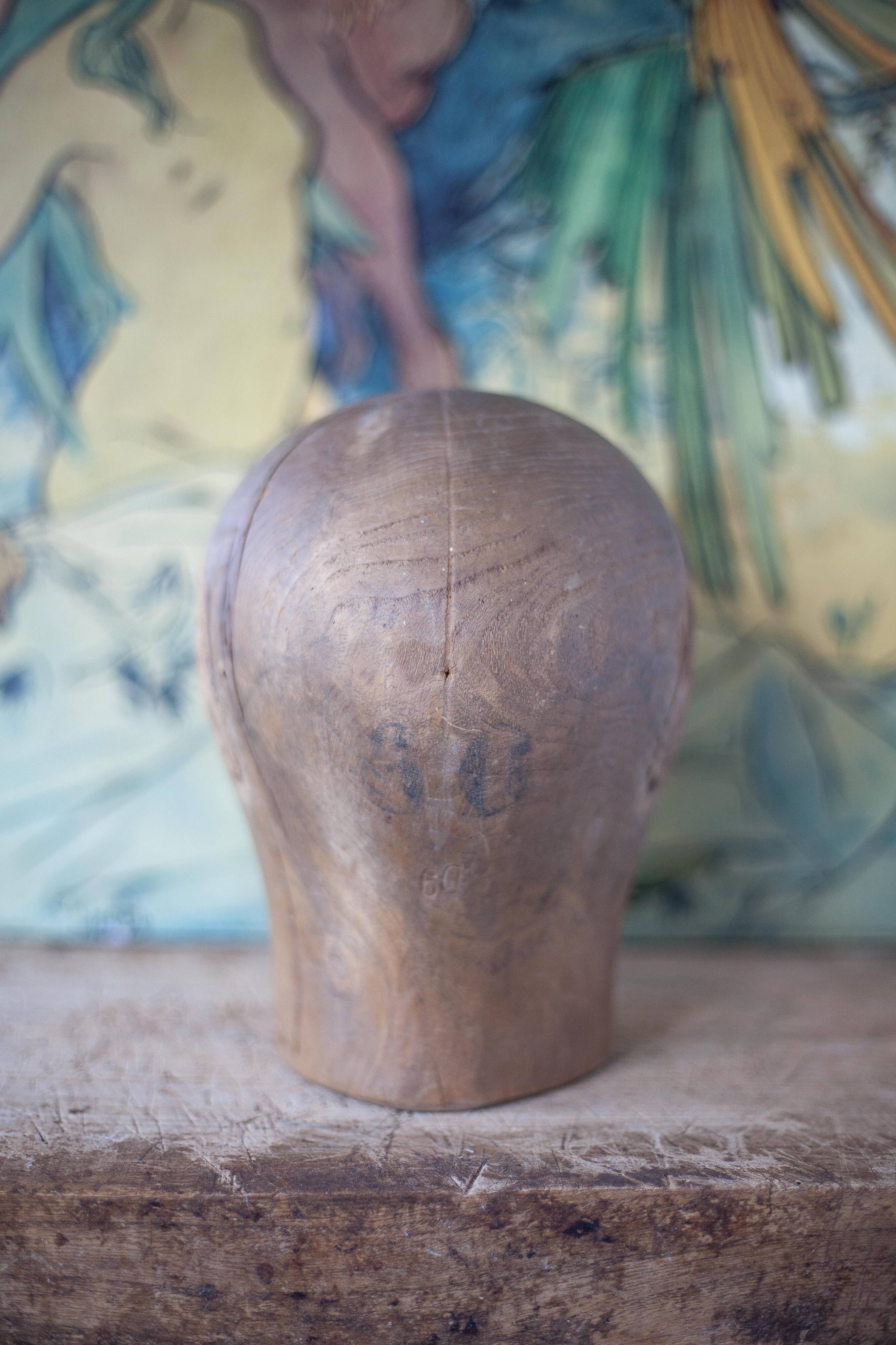 Old hat head, wooden cap, wooden milliner's head, old wood, collection, decoration