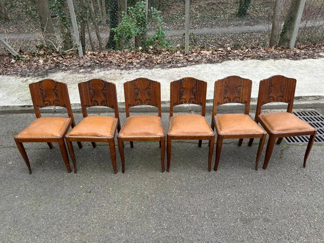 6 Art Deco gondola chairs in solid oak with brown leatherette, 1930s.