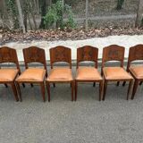6 Art Deco gondola chairs in solid oak with brown leatherette, 1930s.