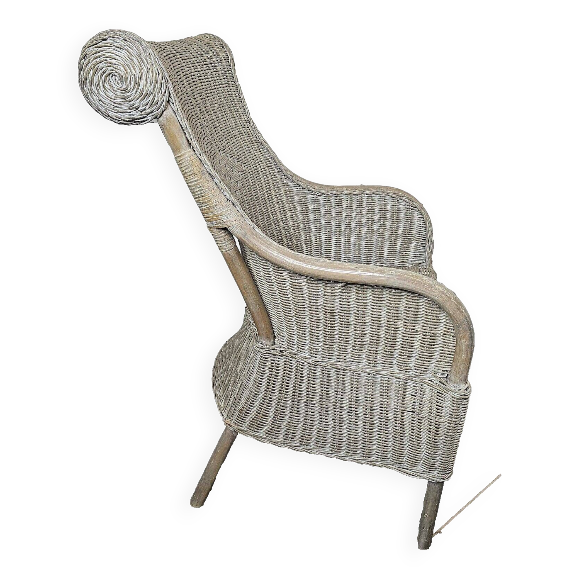 Gray patinated rattan armchair