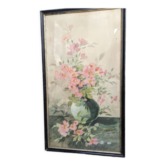 Watercolor painting XIXth bouquet in its vase