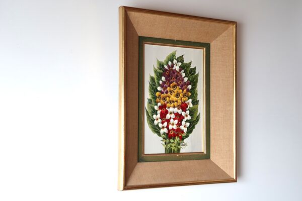 Tableau, peinture à l'huile signée, fleurs, années 60