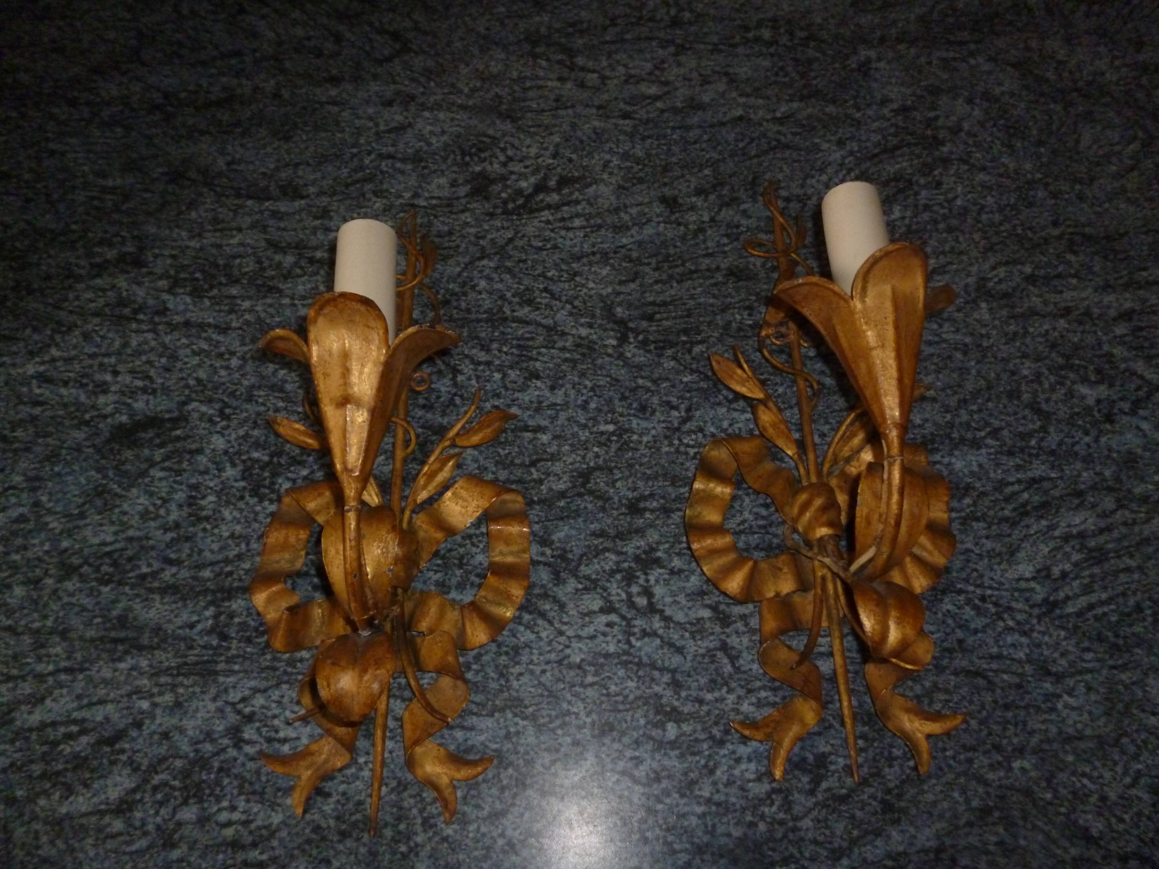 Pair of wall lamps gold patinated vintage metal