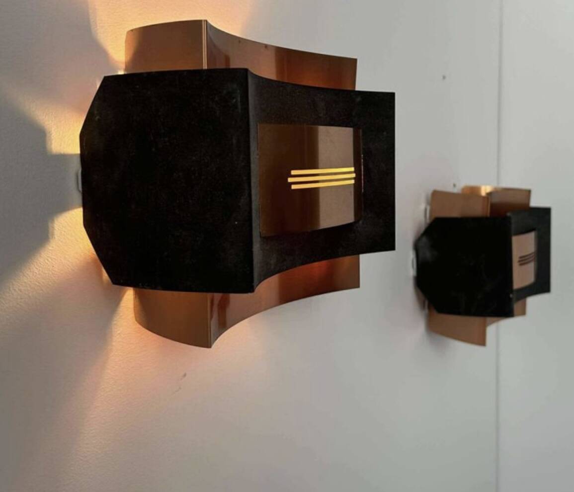 Pair of vintage wall lights, matte black metal and copper, Netherlands 1960