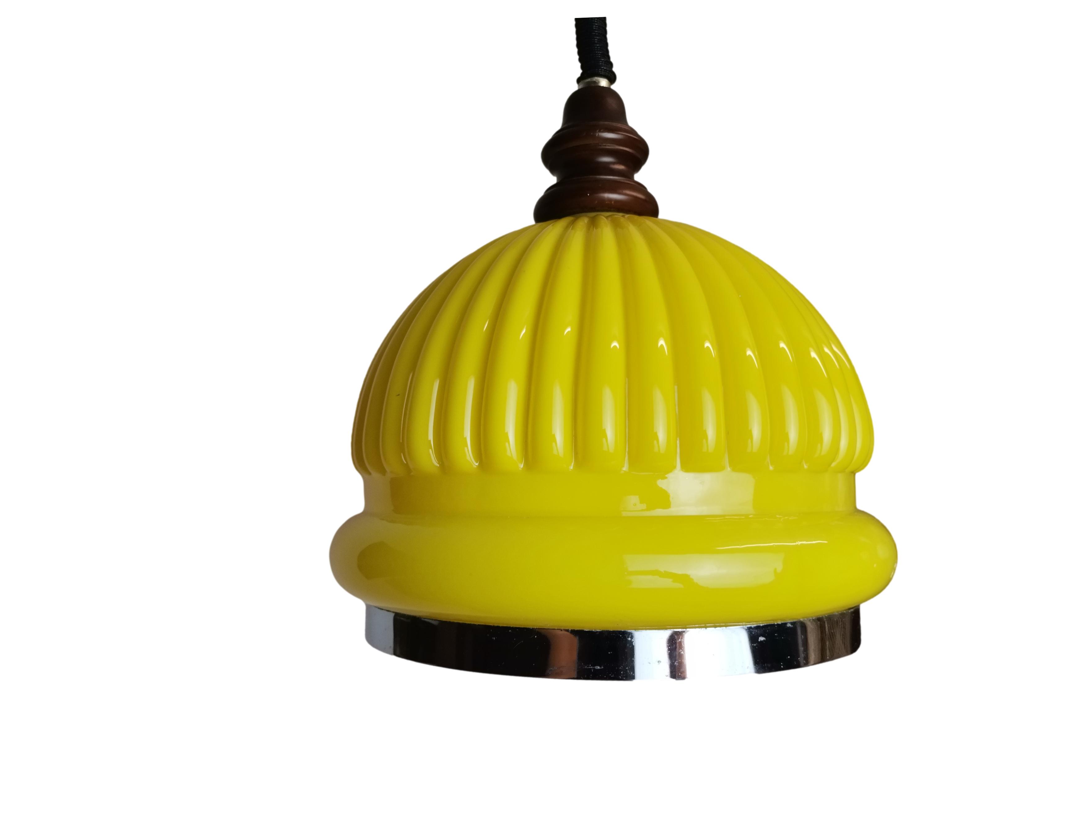 Yellow ribbed glass pull down hanging lamp 1970s