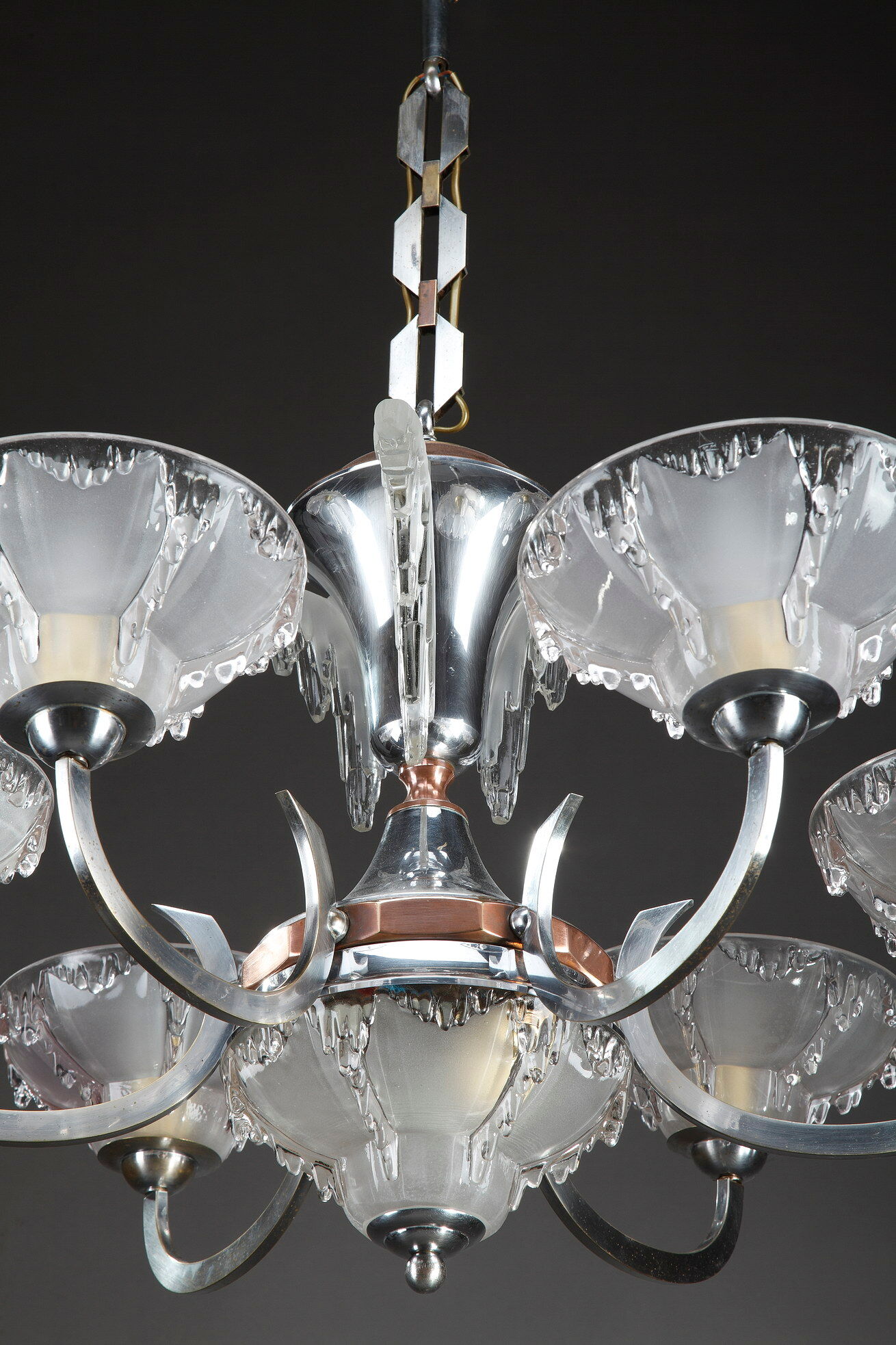 Art Deco chandelier in nickel-plated metal and copper