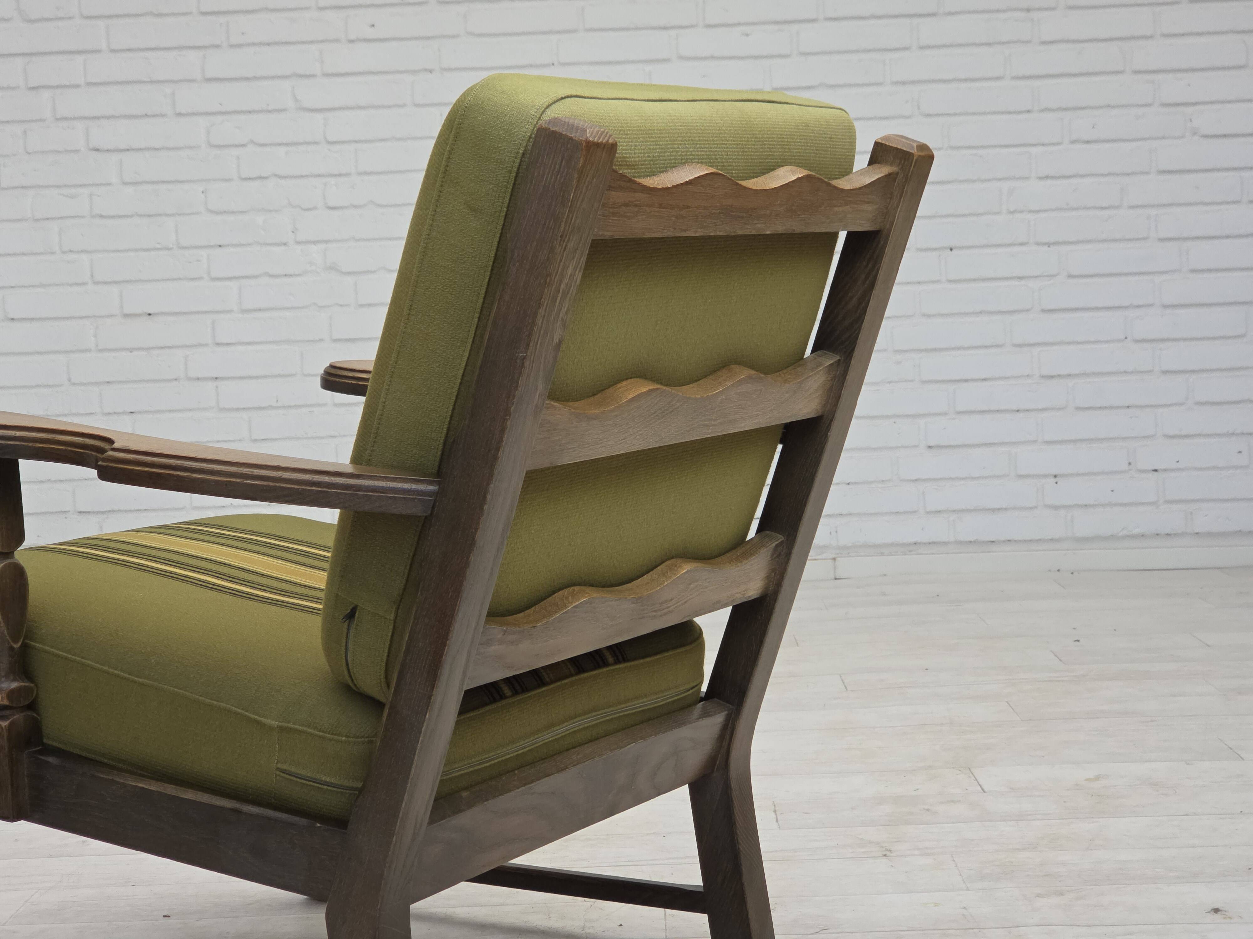 1970s, pair of Danish armchairs, original green furniture wool, oak wood.