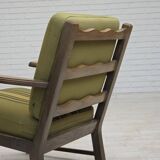 1970s, pair of Danish armchairs, original green furniture wool, oak wood.