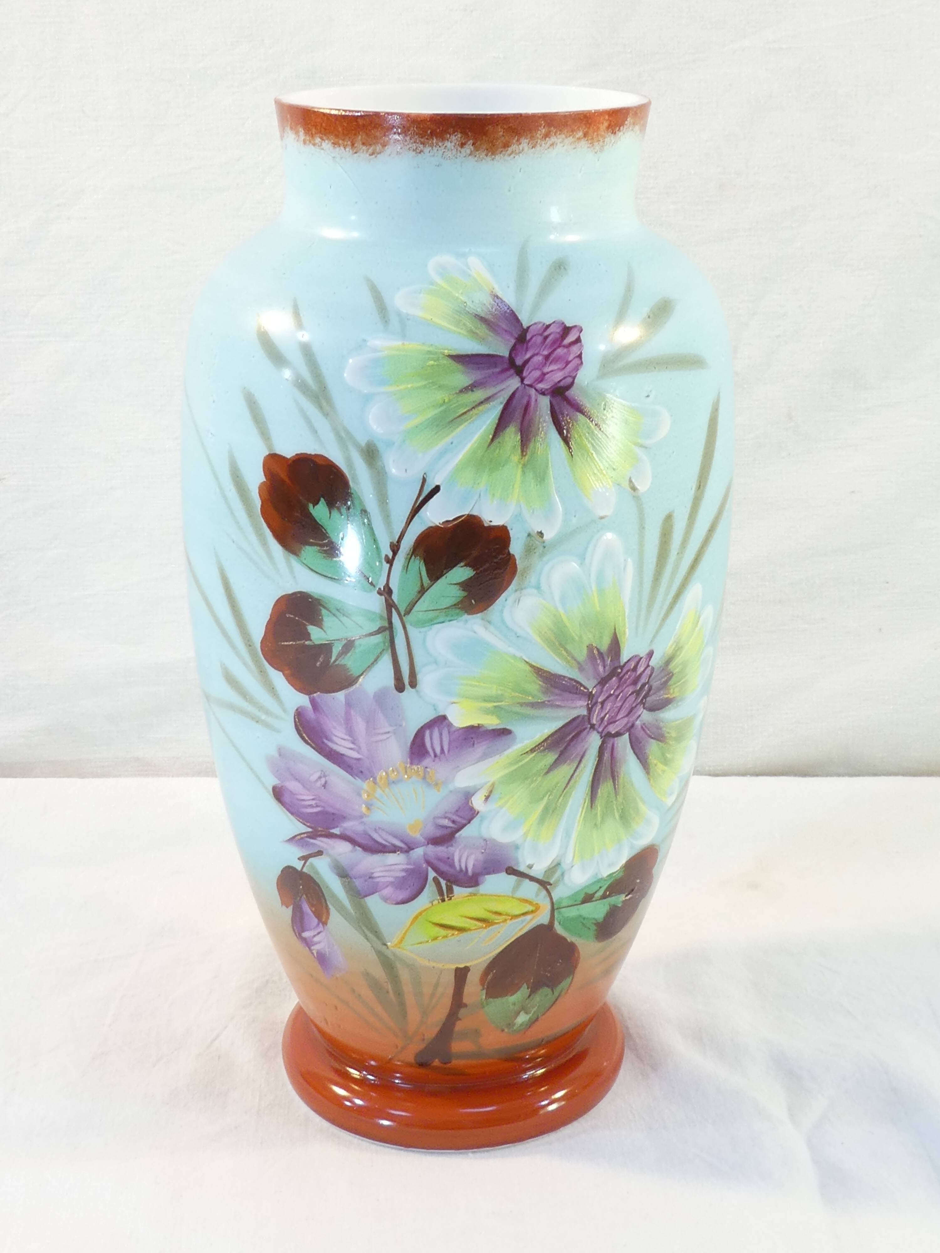 Vase in opaline opaline glass hand painted flower decoration