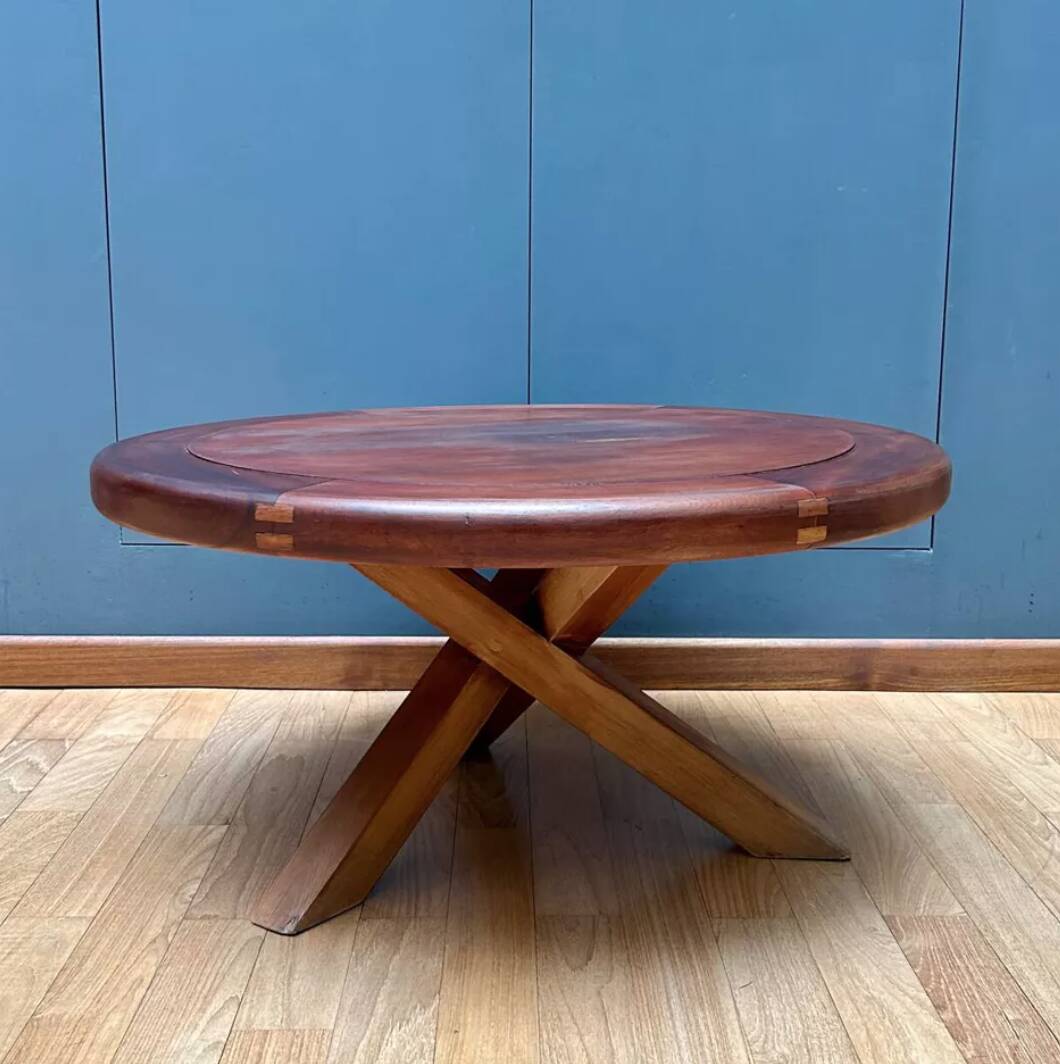 Vintage wooden coffee table with intersecting legs, France 1970