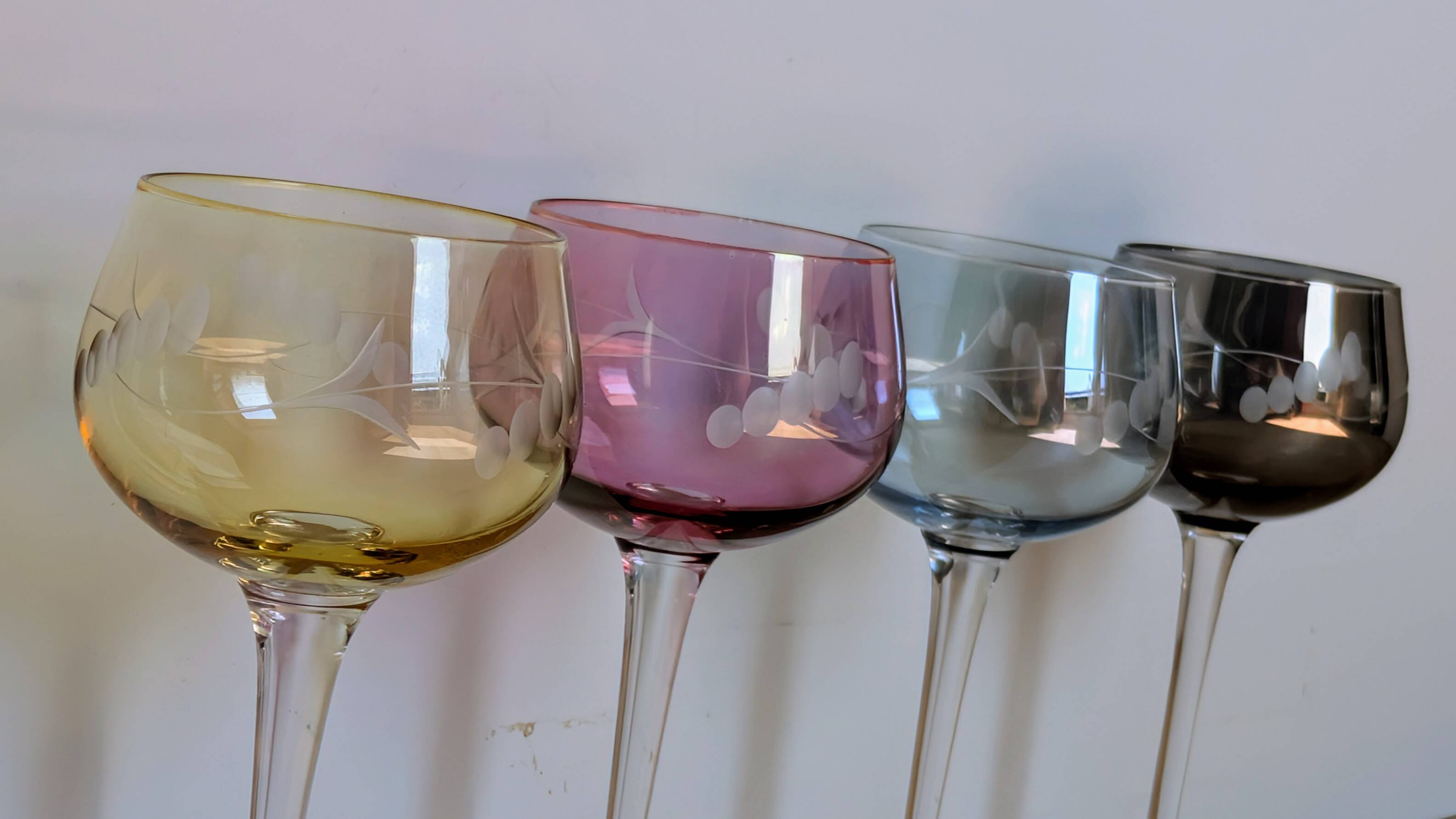 Set of 4 Hand Engraved "Harlequin" Colored Crystal Wine Glasses 1960
