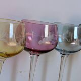 Set of 4 Hand Engraved "Harlequin" Colored Crystal Wine Glasses 1960