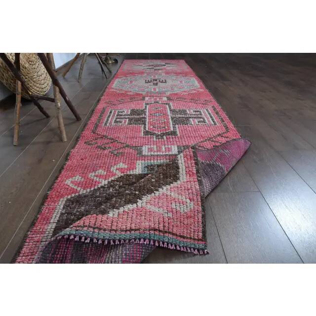 1970s Vintage Turkish Oushak Handmade Wool Cotton Pink Runner Rug 81x315