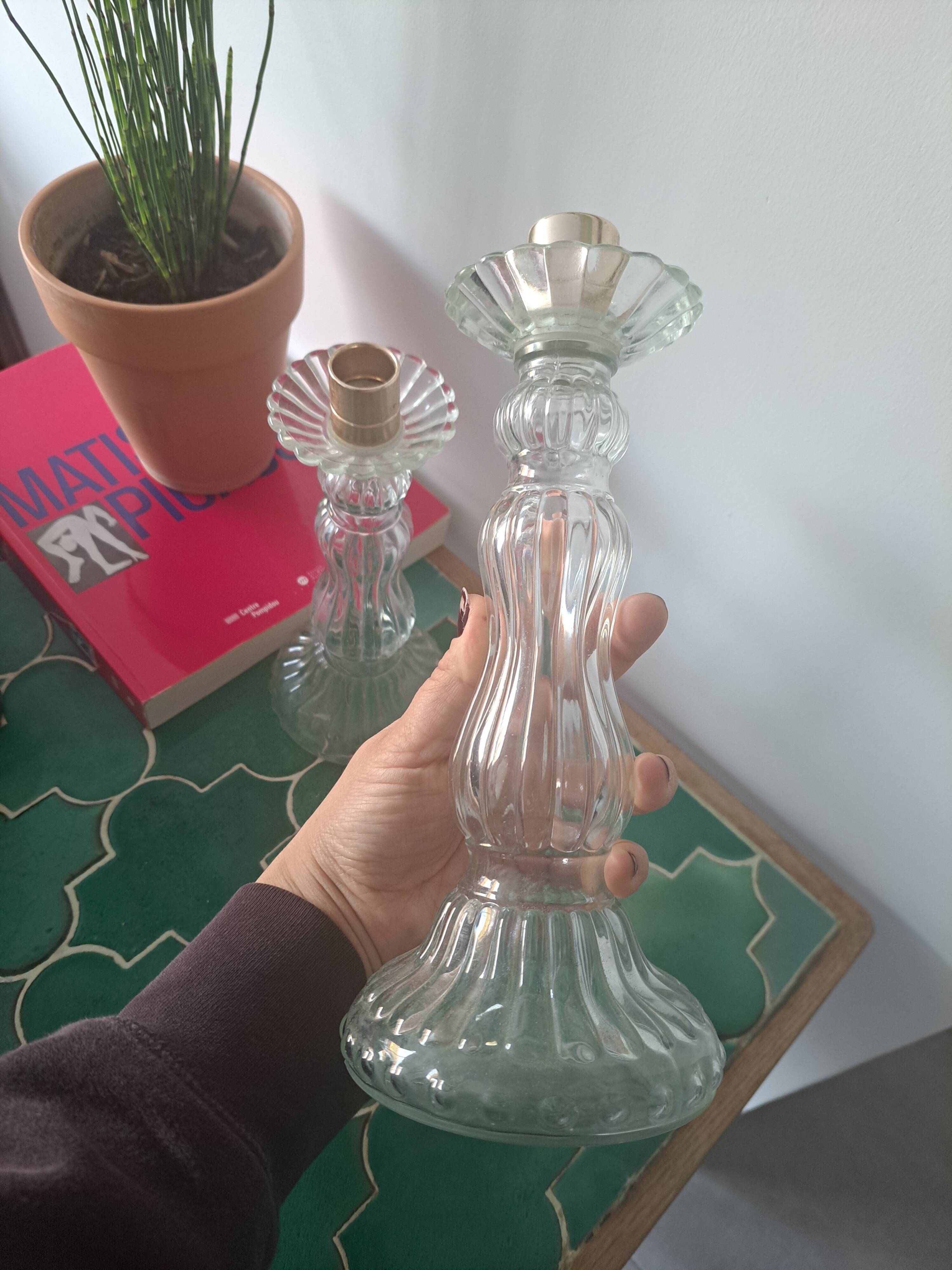 Pair of Roger Gallet glass candle holders