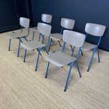 Ensemble de 6 chaises d'école bois gris pieds bleus Pays-Bas années 70/80