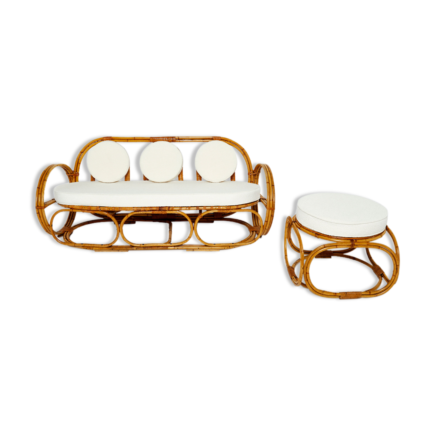 Sofa and italian poufs bamboo curly wool around 1960