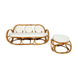 Sofa and italian poufs bamboo curly wool around 1960