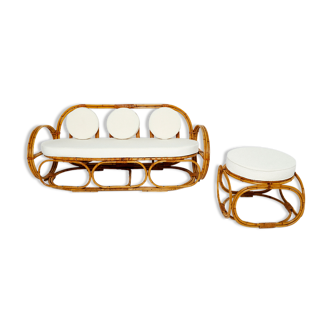 Canapé et poufs Italiens bambou laine bouclé vers 1960