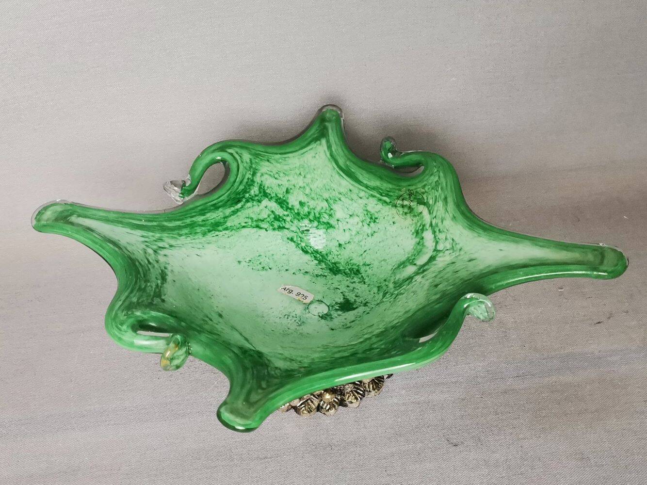 Italian Green Murano Glass and Sterling 925 Silver Vase