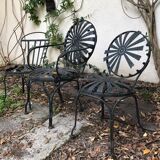 2 Francois Carre Sunburst garden chairs and 1 armchair with spring, 1930s