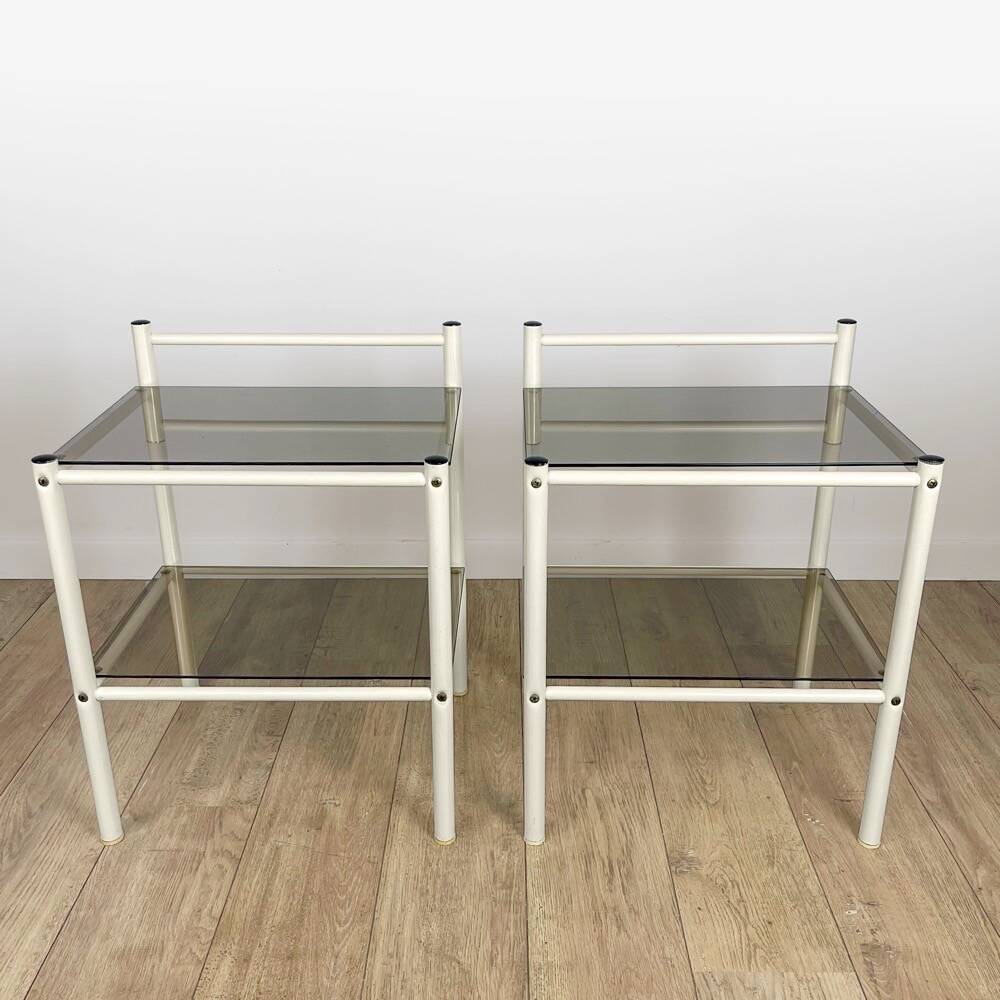 Pair of metal bedside tables and double smoked glass top from the 80s