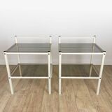 Pair of metal bedside tables and double smoked glass top from the 80s