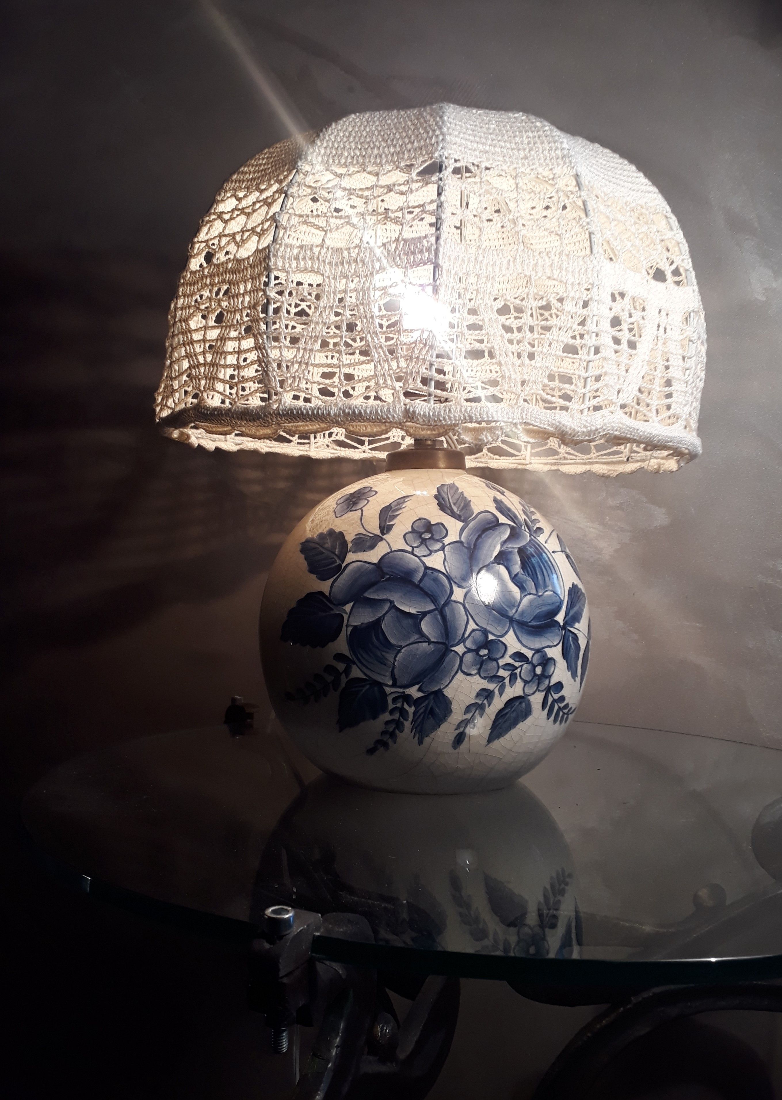 Hand-painted porcelain lamp varnish and crack, crochet-made lampshade, h 48x30cm