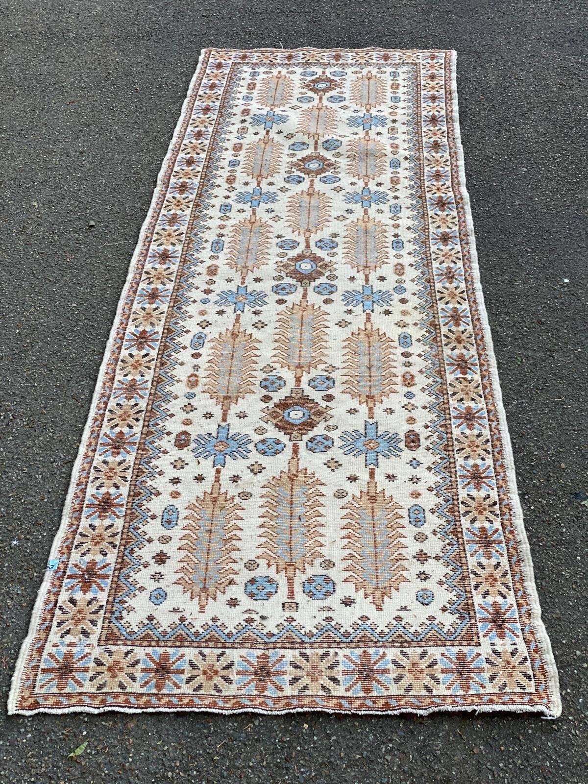 Long Persian rug in knotted wool, burgundy blue, flowers, handmade 300x90