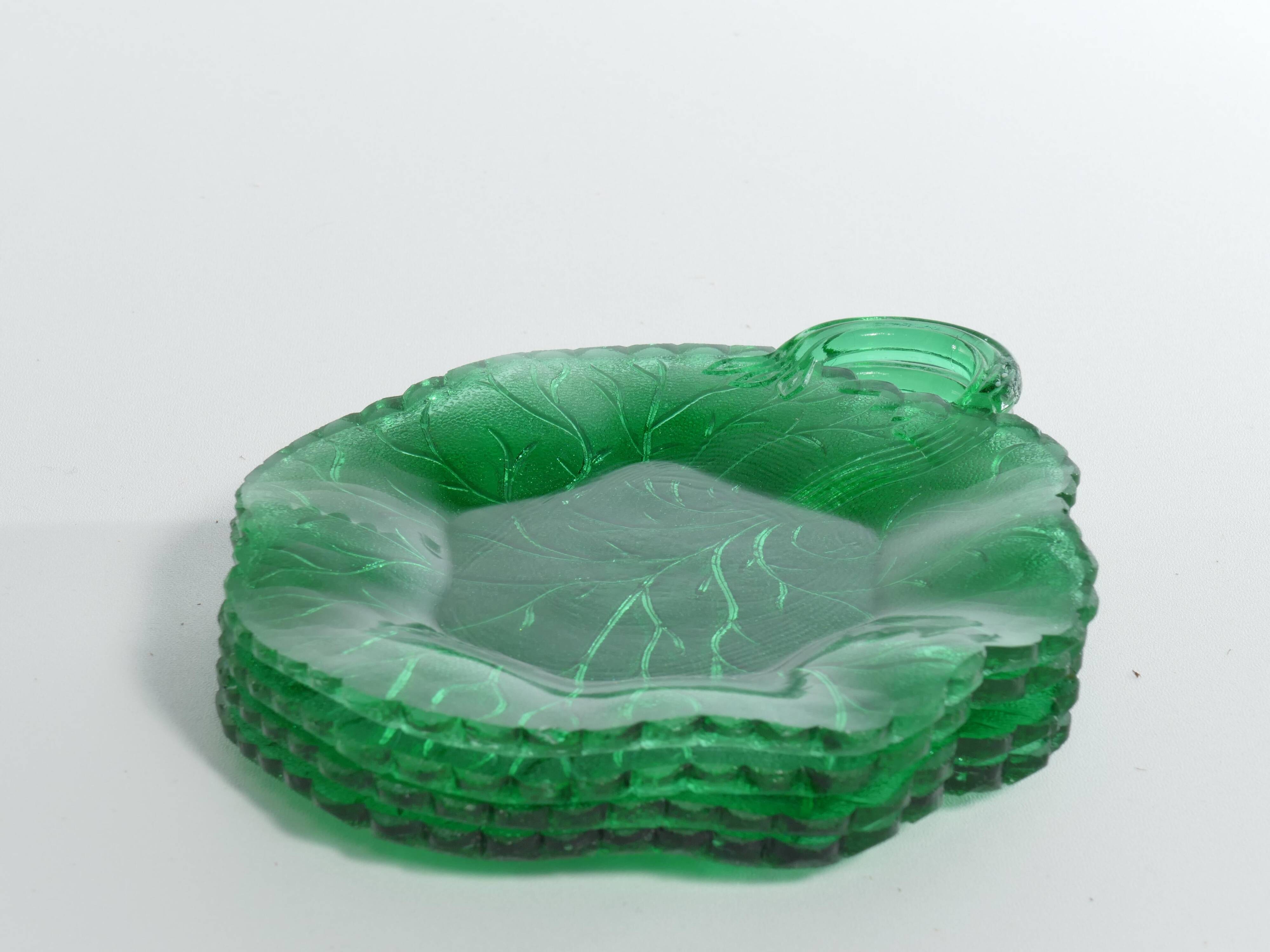 Aesthetic Movement Emerald Green Glass Leaf Plates