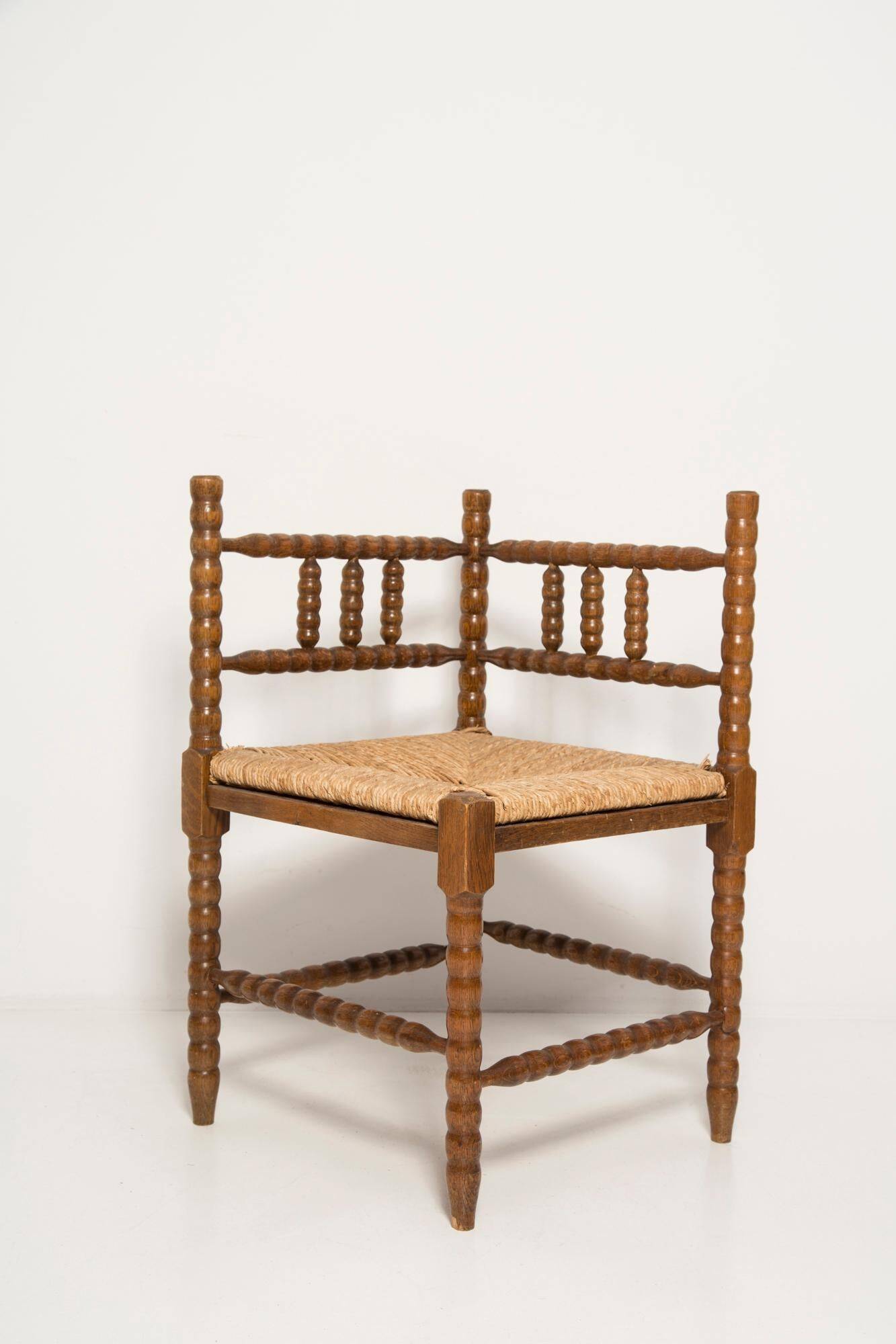 Mid-century provincial antique bobbin corner chair, France, 1940s.