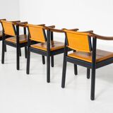 Mid-Century Modern 4 Armchairs in the style of Scarpa, Wood and Leather, Italy, 1960s