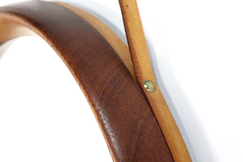 Round teak danish mirror with leather strap
