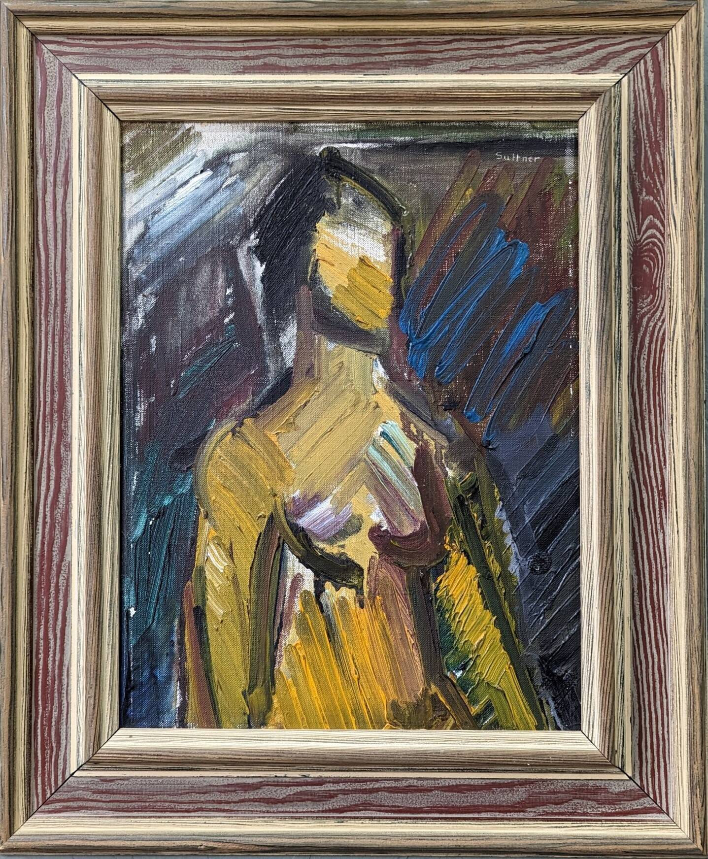 Mid-Century Modern Swedish "Painterly Portrait" Vintage Portrait Oil Painting, Framed