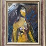 Mid-Century Modern Swedish "Painterly Portrait" Vintage Portrait Oil Painting, Framed