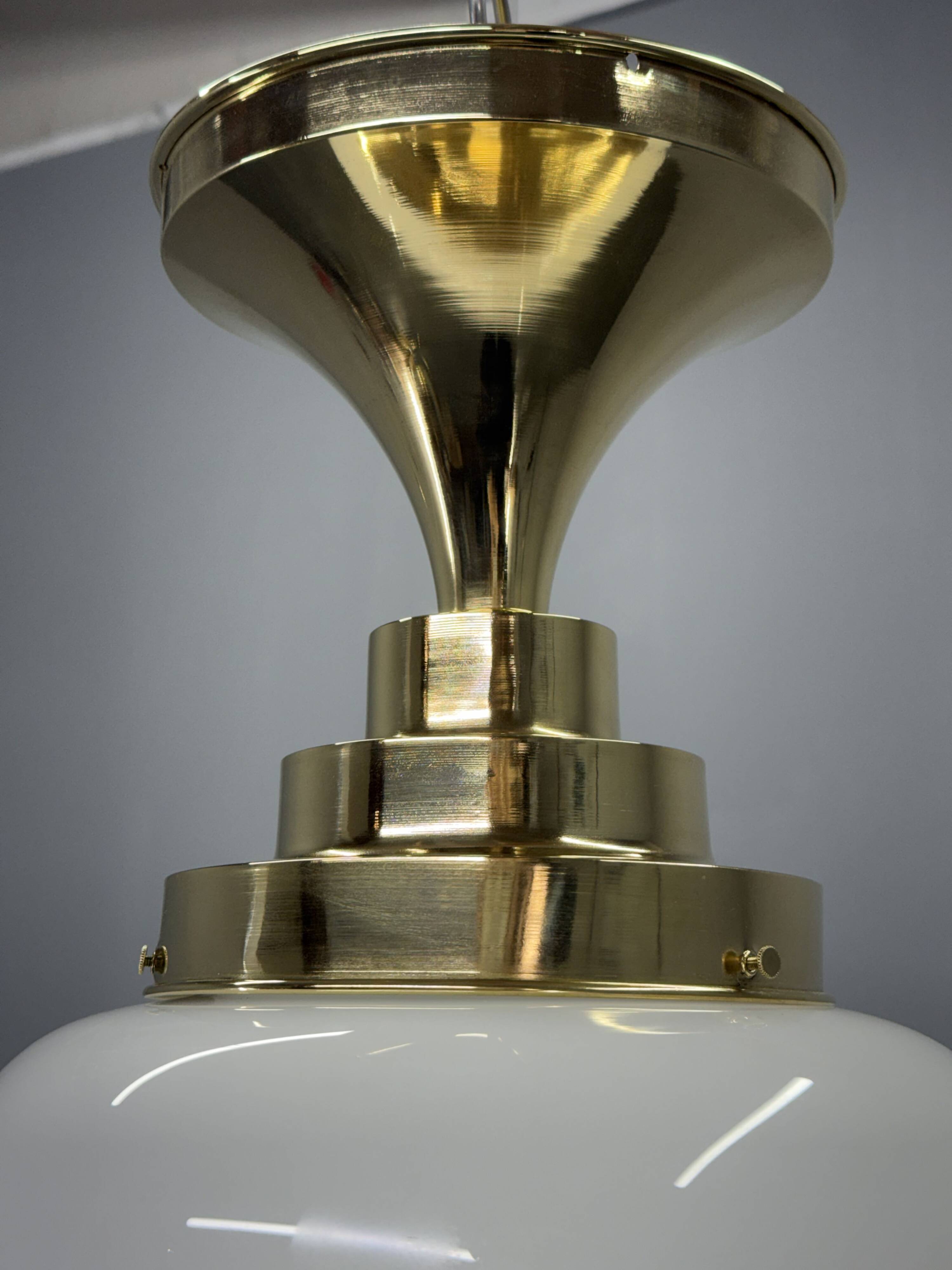 1930s Art Deco Brass and Opaline Glass Flush Mount, Czech