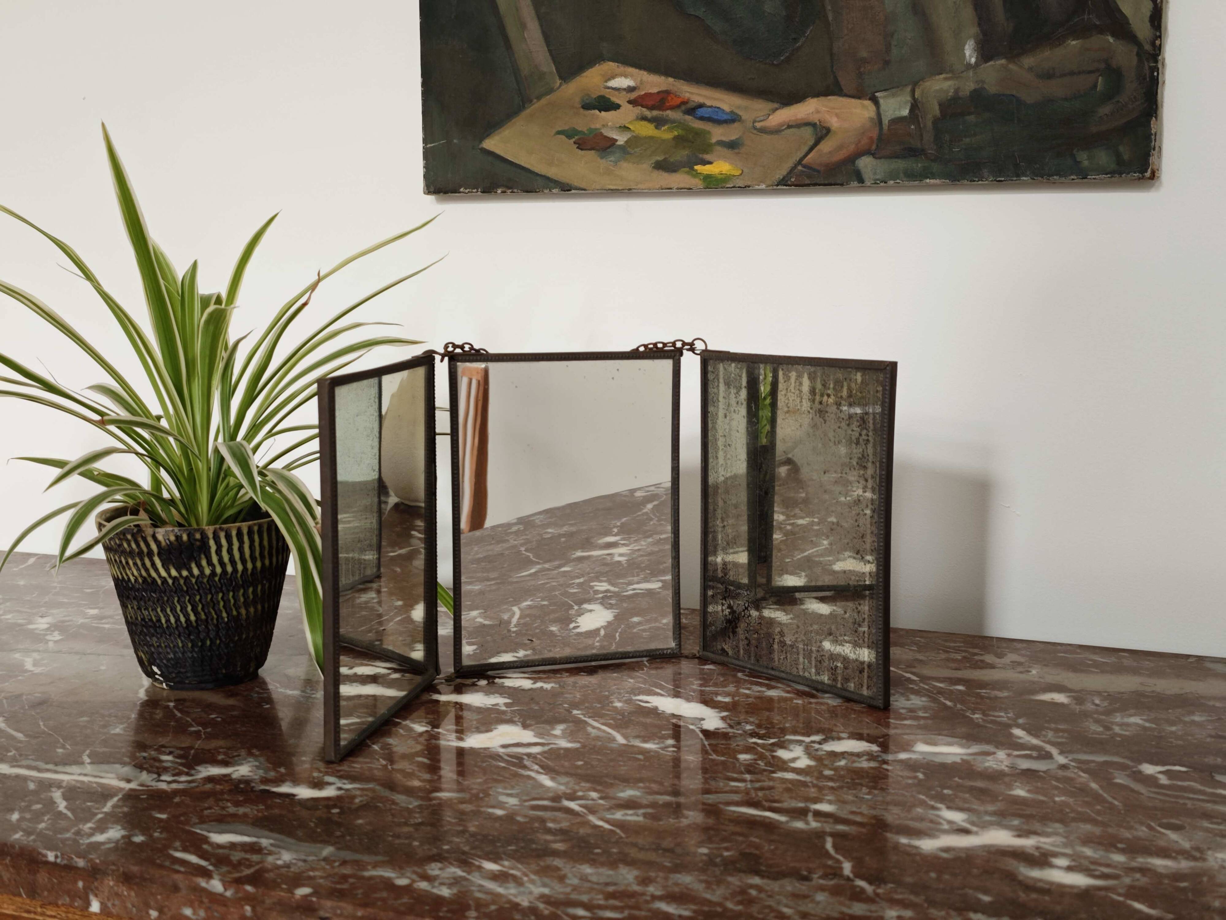 Vintage 1920 barber triptych mirror