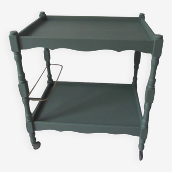 Serving trolley, vintage rolling table sublimated in smoky green, waxed finish.