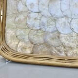 Old tray in woven rattan and mother-of-pearl, 1980s, vintage