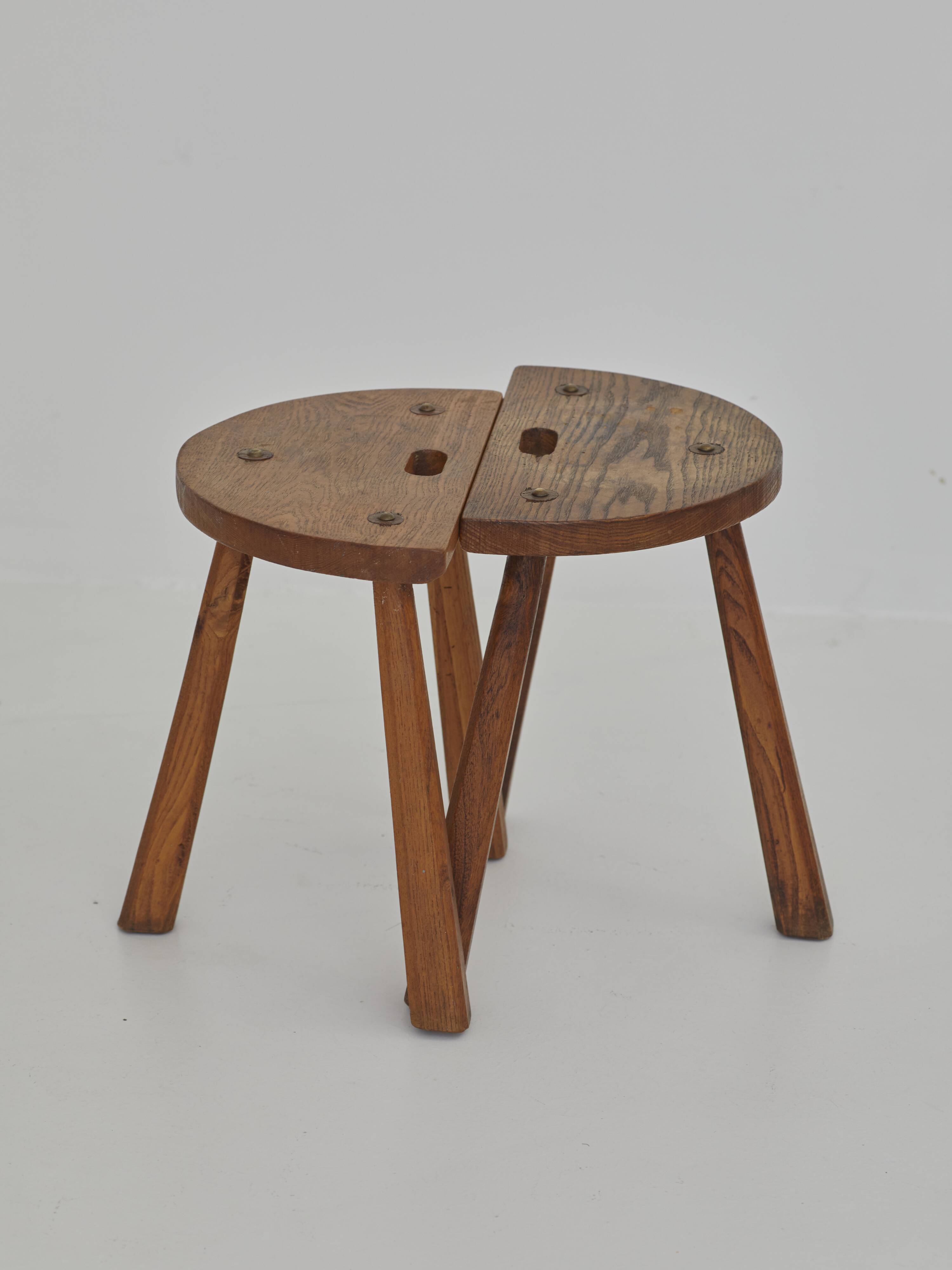 2 vintage solid wood half-moon tripod stools, circa 1950