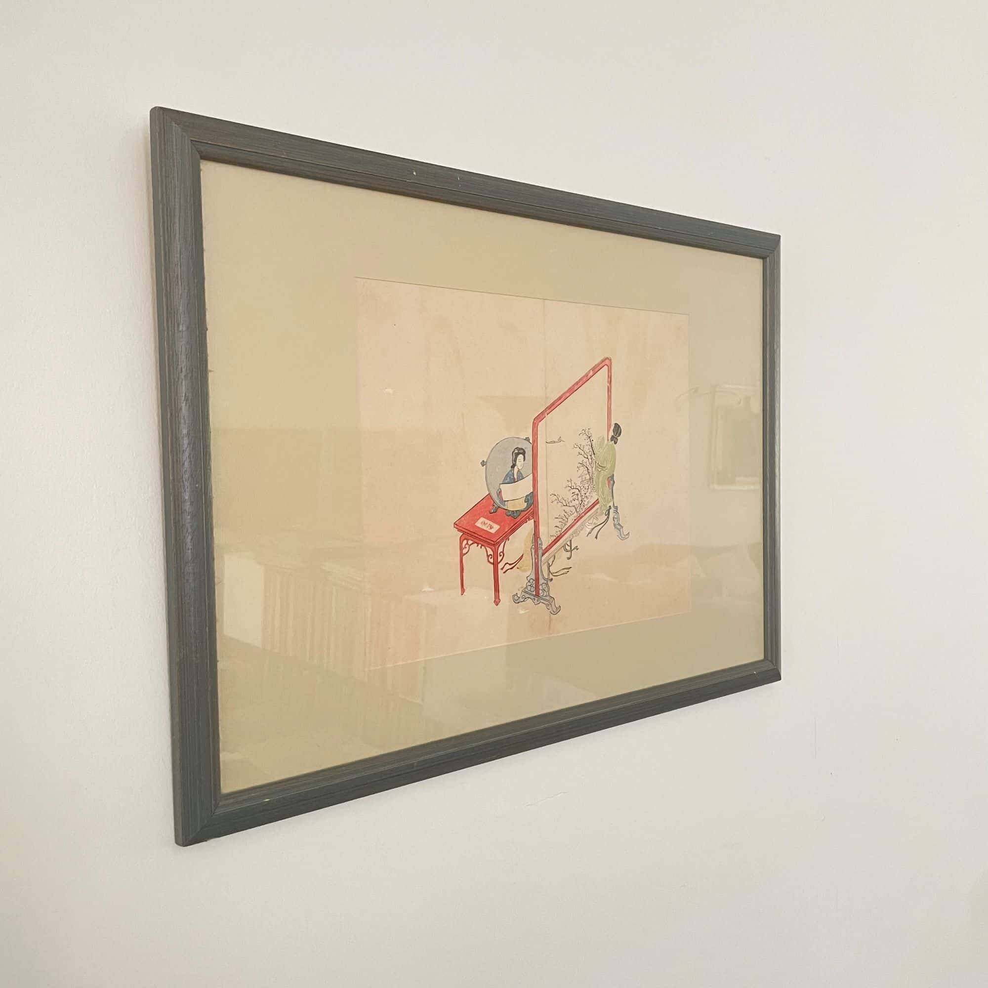 Chinese, Asian woodcut print in wooden frame