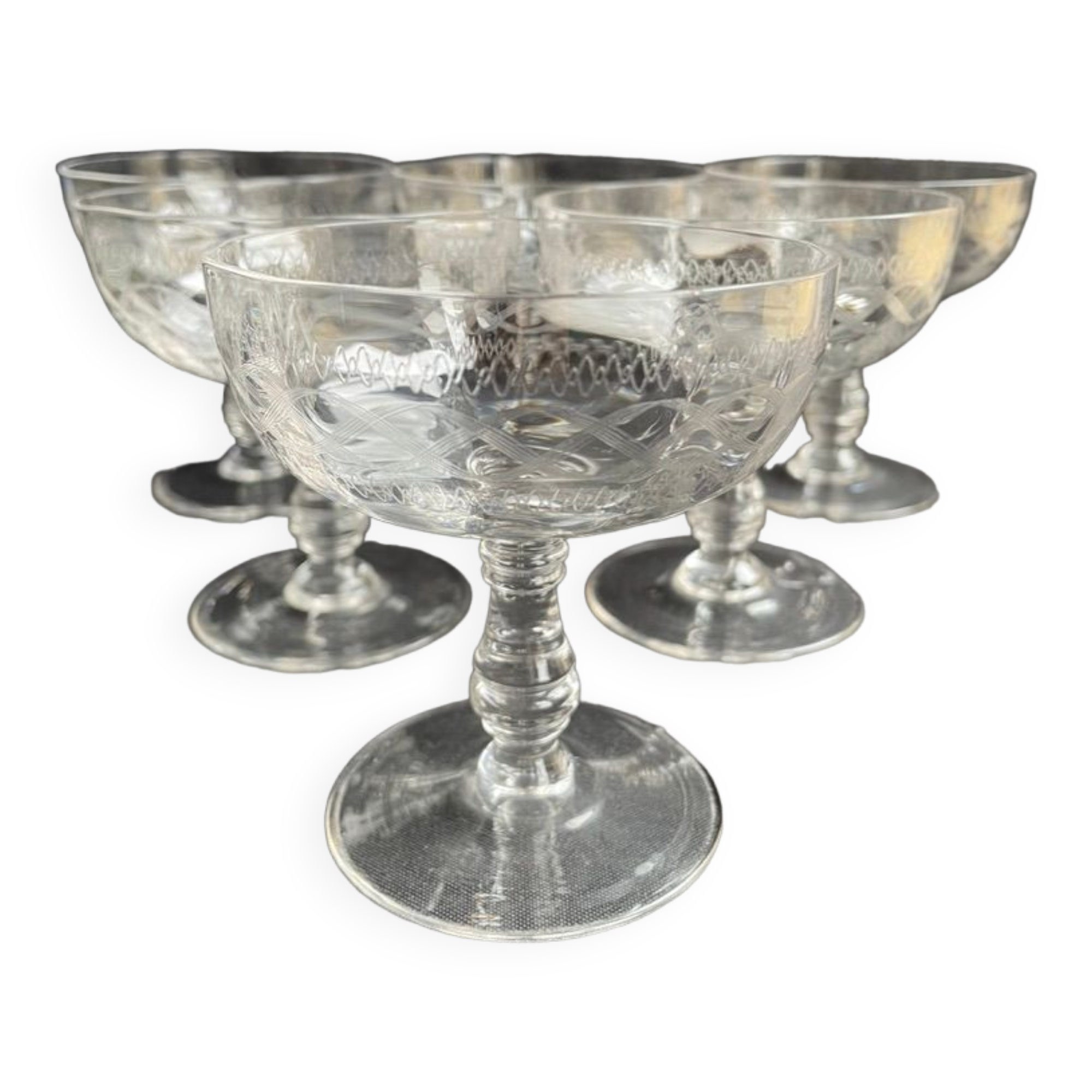 8 Guilloche crystal champagne glasses - Art Nouveau